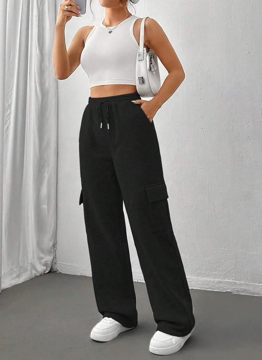 Cargo Pants for Women High Waist Baggy Wide Leg Lounge Pants Drawstring Elastic Waist Trousers
