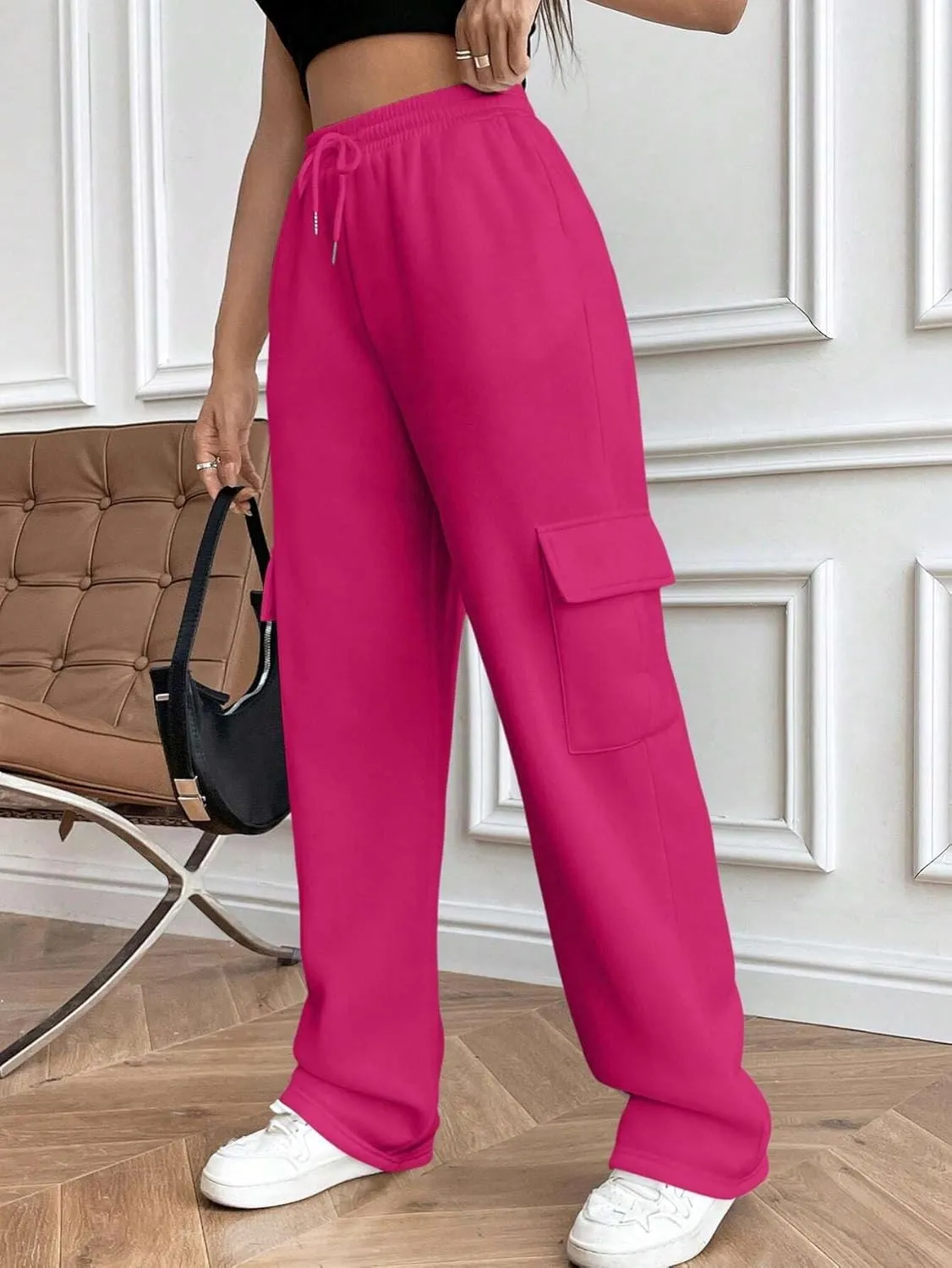 Cargo Pants for Women High Waist Baggy Wide Leg Lounge Pants Drawstring Elastic Waist Trousers