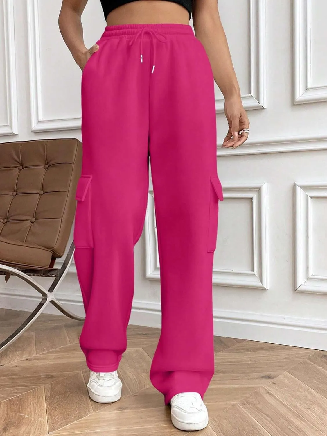 Cargo Pants for Women High Waist Baggy Wide Leg Lounge Pants Drawstring Elastic Waist Trousers