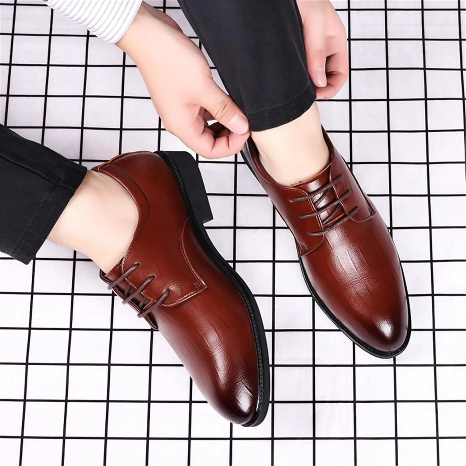 Casual Dress Shoes for Men Fashion Summer and Autumn Men Leather Shoes Low Heel Pointed Toe Lace Casual Comfortable Solid Color Mens Casual Dress Fashion Oxfords Skate Shoes
