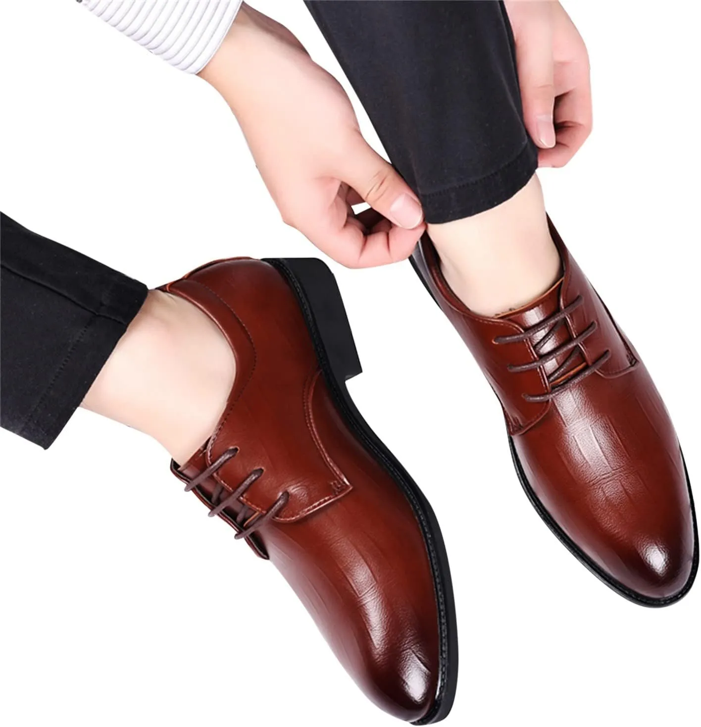 Casual Dress Shoes for Men Fashion Summer and Autumn Men Leather Shoes Low Heel Pointed Toe Lace Casual Comfortable Solid Color Mens Casual Dress Fashion Oxfords Skate Shoes