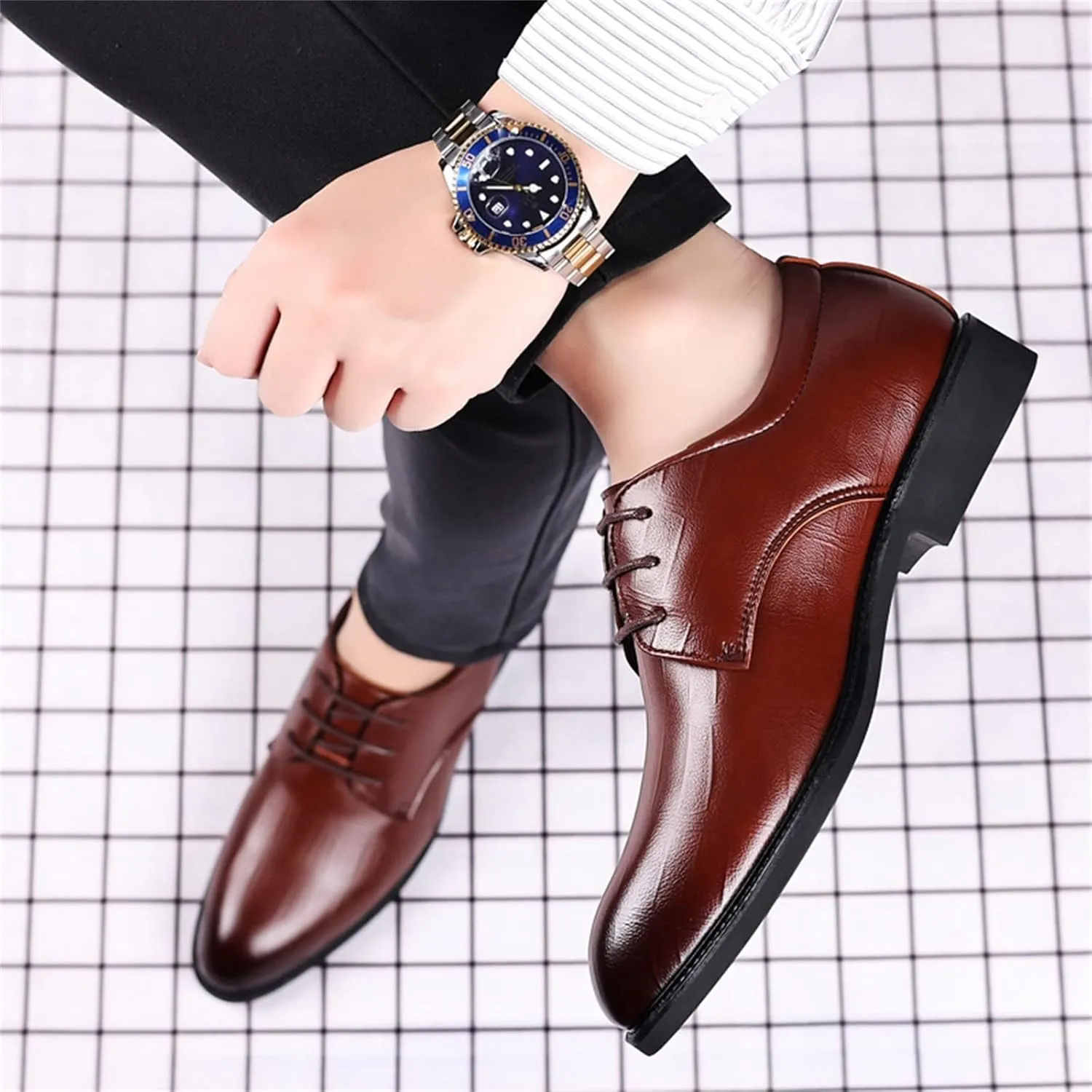 Casual Dress Shoes for Men Fashion Summer and Autumn Men Leather Shoes Low Heel Pointed Toe Lace Casual Comfortable Solid Color Mens Casual Dress Fashion Oxfords Skate Shoes