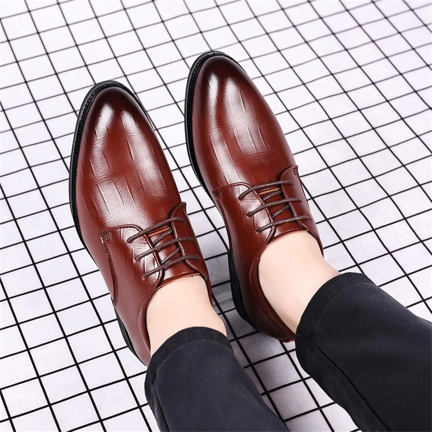 Casual Dress Shoes for Men Fashion Summer and Autumn Men Leather Shoes Low Heel Pointed Toe Lace Casual Comfortable Solid Color Mens Casual Dress Fashion Oxfords Skate Shoes