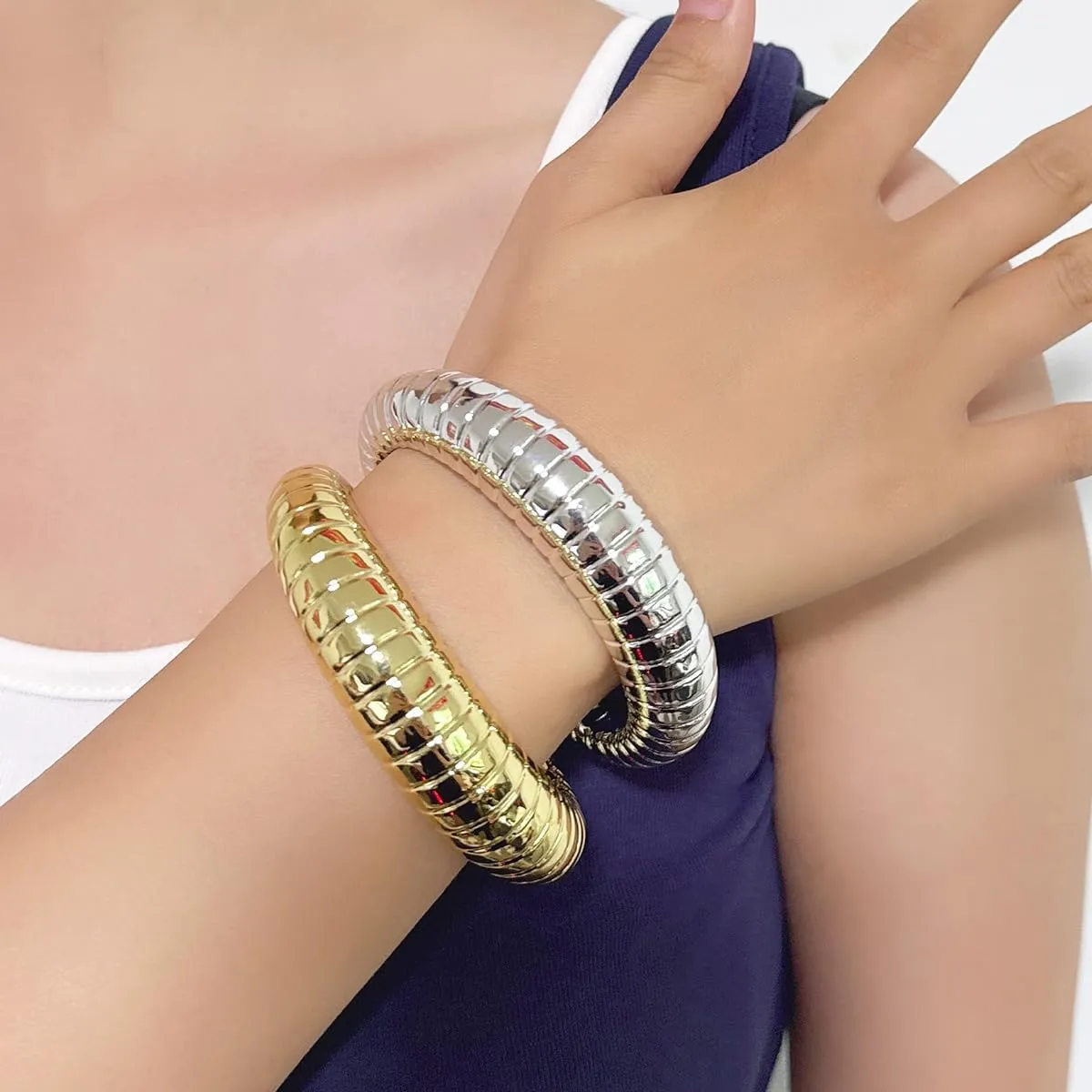 Chunky Gold Bracelets for Women Cuff Open Silver Crystal Stackable Bangle Bracelets Statement Jewelry 3Pcs Set (Gold)