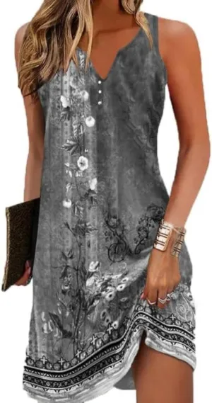 Chvity Womens Boho Dress Summer V Neck Sleeveless Dresses Ethnic Floral Print Sundress Mini Dress