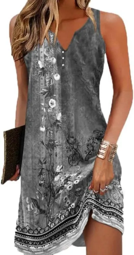 Chvity Womens Boho Dress Summer V Neck Sleeveless Dresses Ethnic Floral Print Sundress Mini Dress