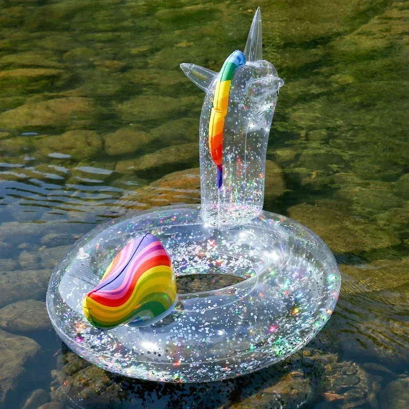 Clear Glitter Inflatable Unicorn Swimming Ring Float