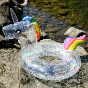 Clear Glitter Inflatable Unicorn Swimming Ring Float