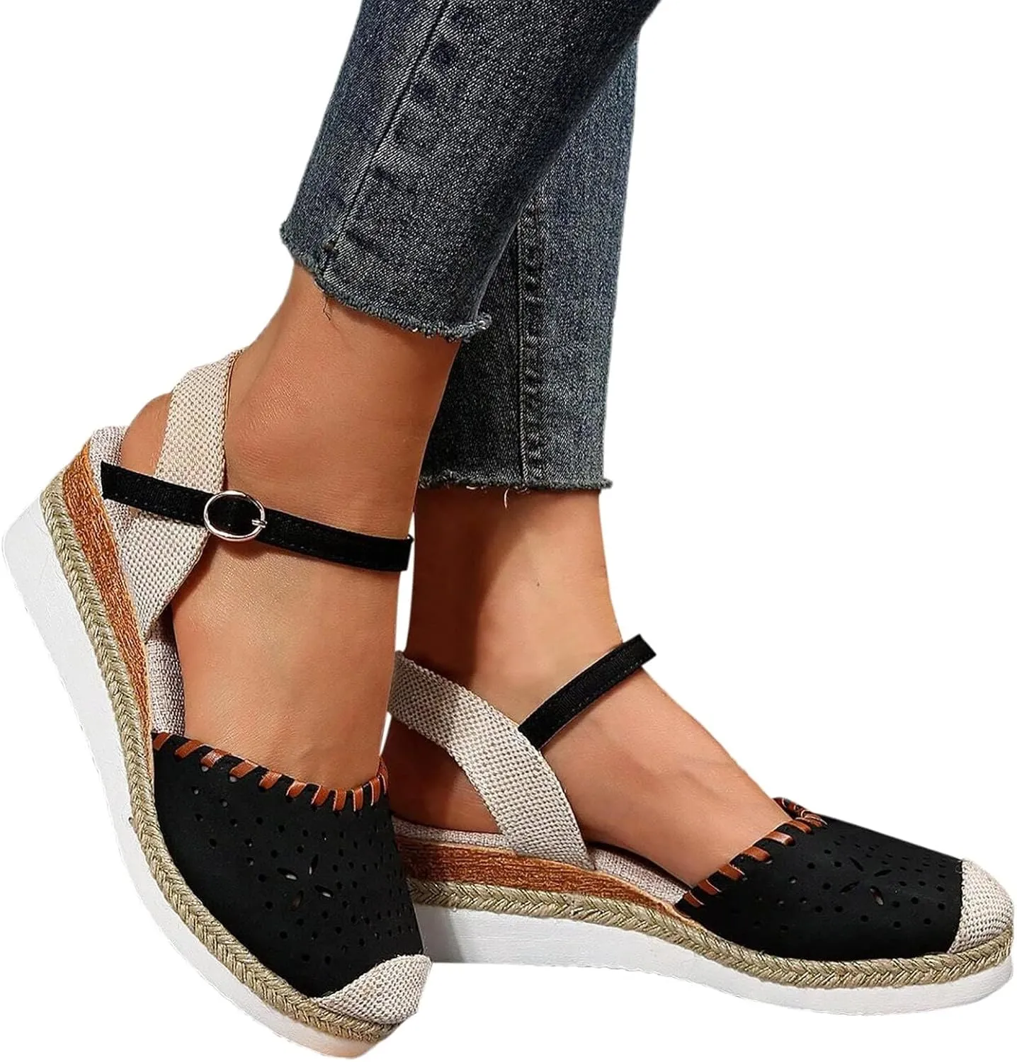 Closed Toe Sandals Women Arch Support Orthopedic Platform Wedge Buckle Ankle Strap Anti Slip Walking Sandal Boho Elegant Dressy Summer Anti-Slip Wedges Hollow Out Comfy Bohemia Outdoor Shoes