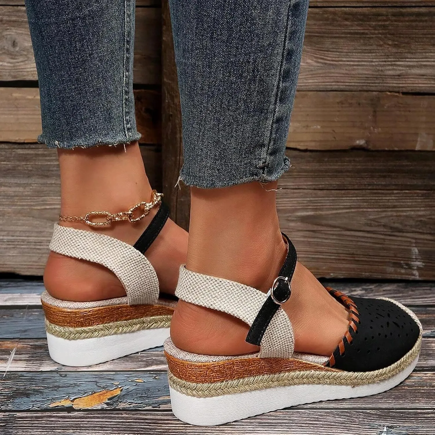Closed Toe Sandals Women Arch Support Orthopedic Platform Wedge Buckle Ankle Strap Anti Slip Walking Sandal Boho Elegant Dressy Summer Anti-Slip Wedges Hollow Out Comfy Bohemia Outdoor Shoes