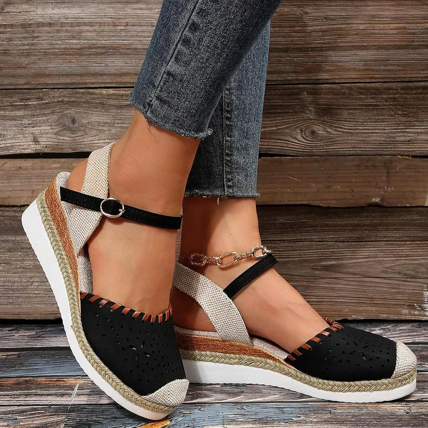 Closed Toe Sandals Women Arch Support Orthopedic Platform Wedge Buckle Ankle Strap Anti Slip Walking Sandal Boho Elegant Dressy Summer Anti-Slip Wedges Hollow Out Comfy Bohemia Outdoor Shoes