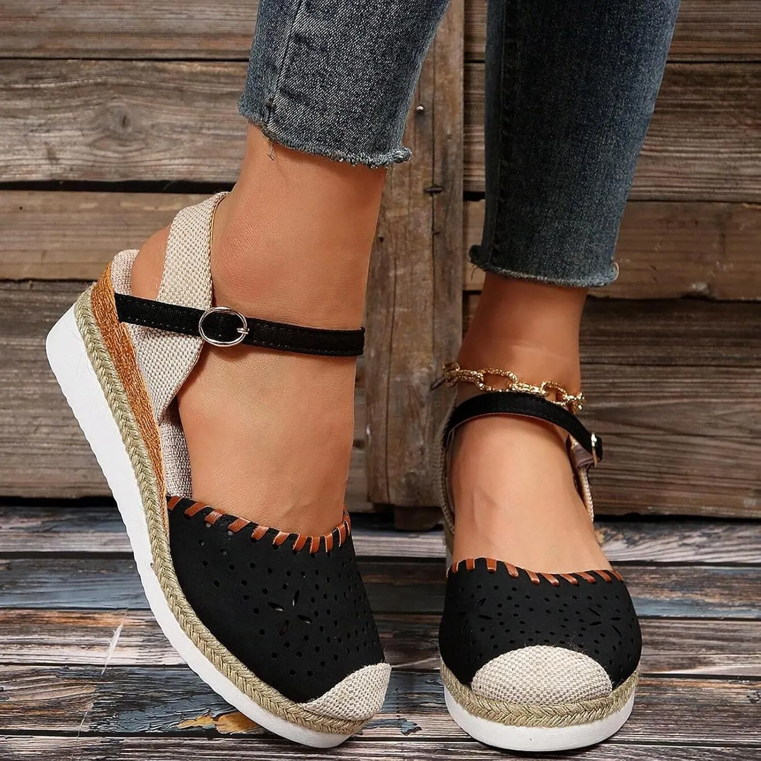 Closed Toe Sandals Women Arch Support Orthopedic Platform Wedge Buckle Ankle Strap Anti Slip Walking Sandal Boho Elegant Dressy Summer Anti-Slip Wedges Hollow Out Comfy Bohemia Outdoor Shoes