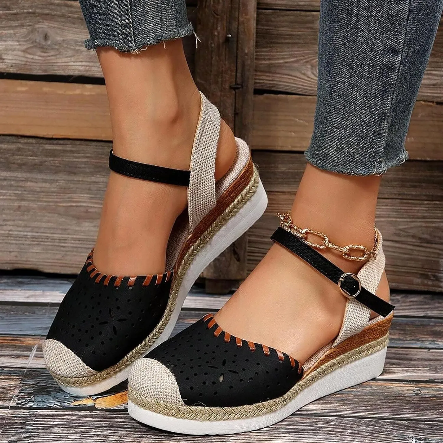 Closed Toe Sandals Women Arch Support Orthopedic Platform Wedge Buckle Ankle Strap Anti Slip Walking Sandal Boho Elegant Dressy Summer Anti-Slip Wedges Hollow Out Comfy Bohemia Outdoor Shoes