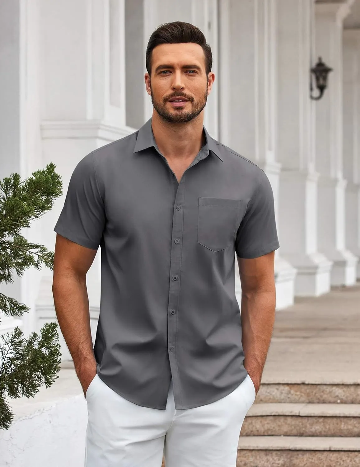 COOFANDY Mens Casual Button Down Shirts Short Sleeve Summer Untucked Dress Shirt with Pocket
