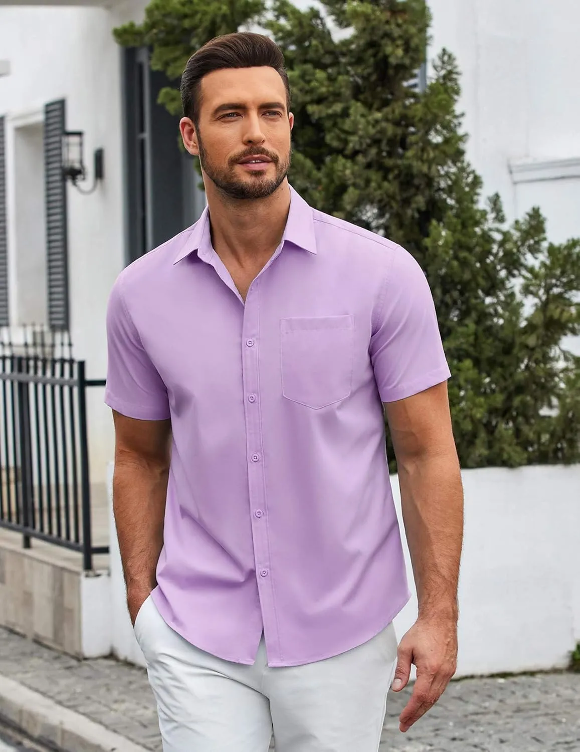COOFANDY Mens Casual Button Down Shirts Short Sleeve Summer Untucked Dress Shirt with Pocket