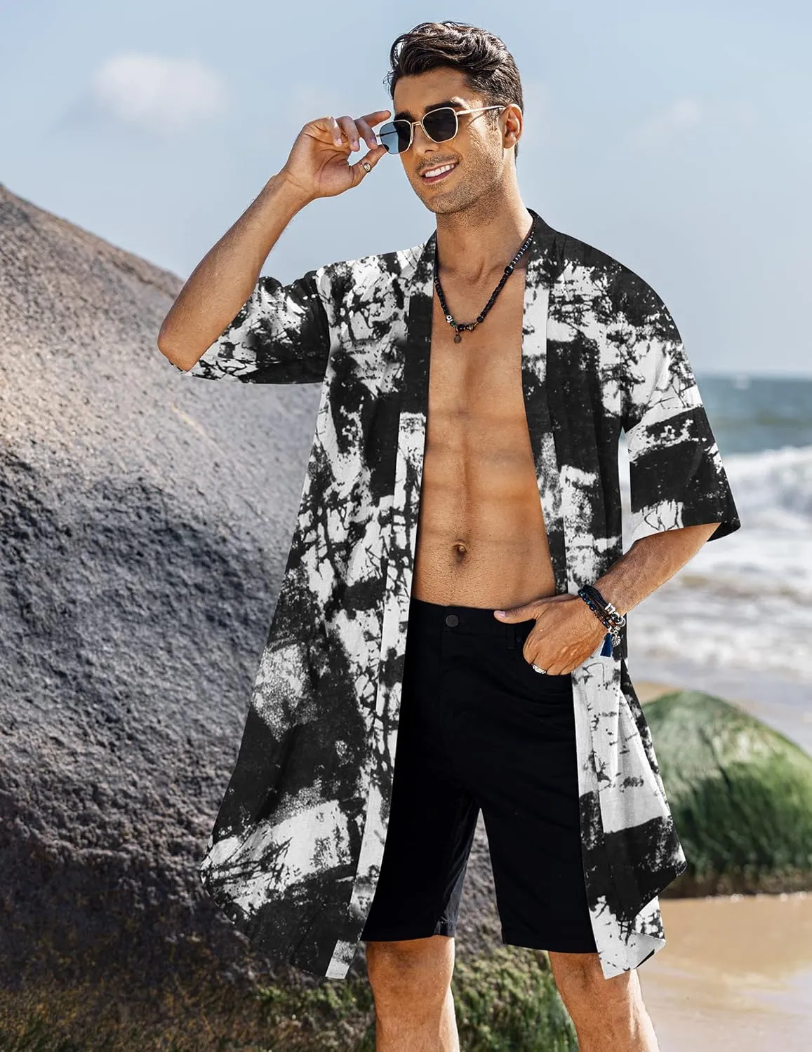COOFANDY Men's Ruffle Shawl Collar Lightweight Cardigan Long Kimono Jackets Open Front Drape Cape Coat