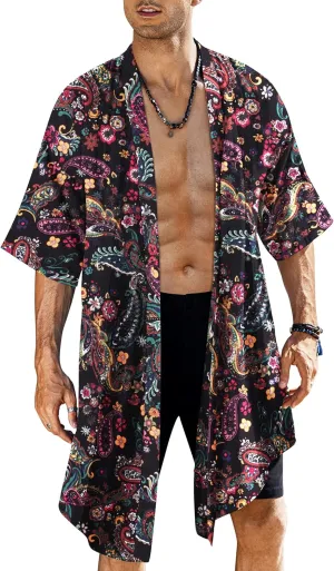 COOFANDY Men's Ruffle Shawl Collar Lightweight Cardigan Long Kimono Jackets Open Front Drape Cape Coat