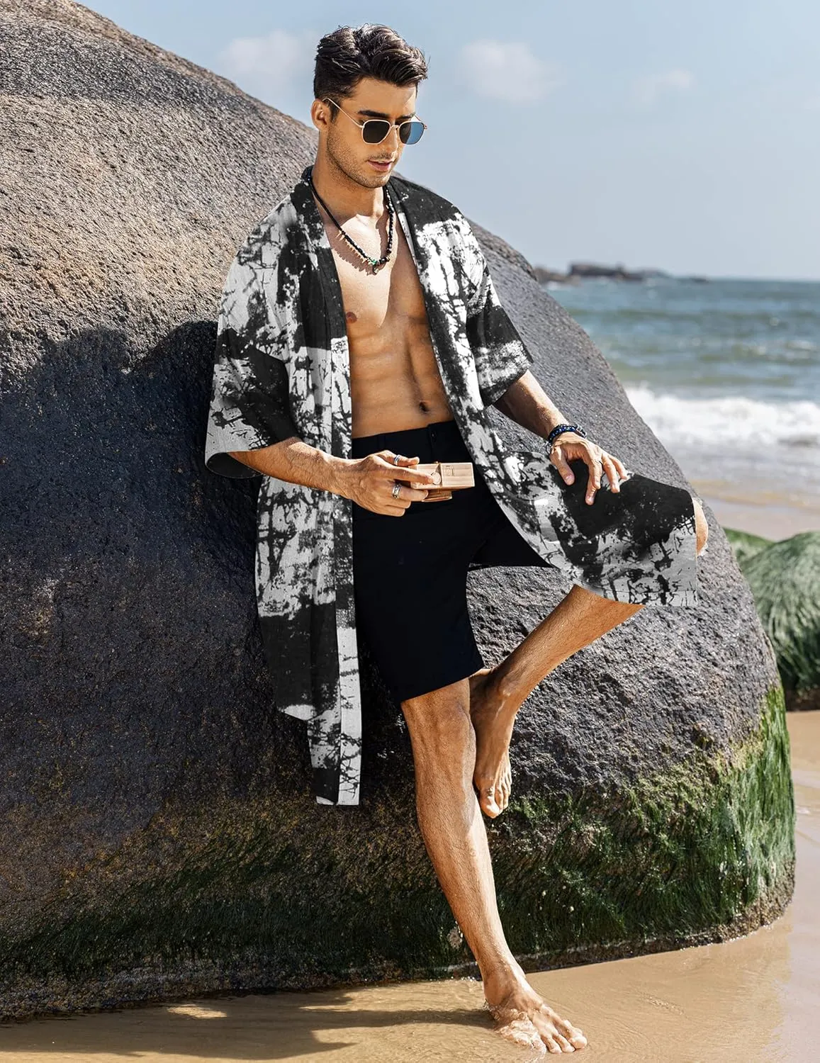 COOFANDY Men's Ruffle Shawl Collar Lightweight Cardigan Long Kimono Jackets Open Front Drape Cape Coat