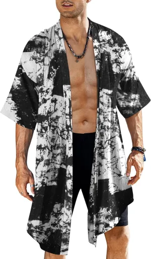 COOFANDY Men's Ruffle Shawl Collar Lightweight Cardigan Long Kimono Jackets Open Front Drape Cape Coat