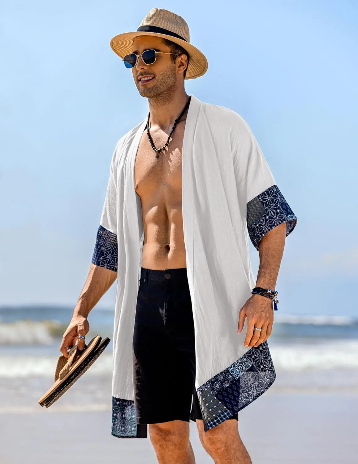 COOFANDY Men's Ruffle Shawl Collar Lightweight Cardigan Long Kimono Jackets Open Front Drape Cape Coat