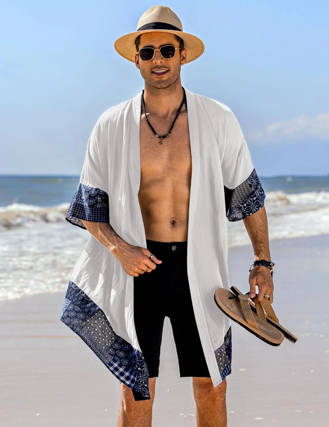 COOFANDY Men's Ruffle Shawl Collar Lightweight Cardigan Long Kimono Jackets Open Front Drape Cape Coat