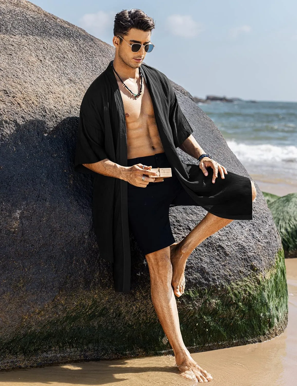 COOFANDY Men's Ruffle Shawl Collar Lightweight Cardigan Long Kimono Jackets Open Front Drape Cape Coat