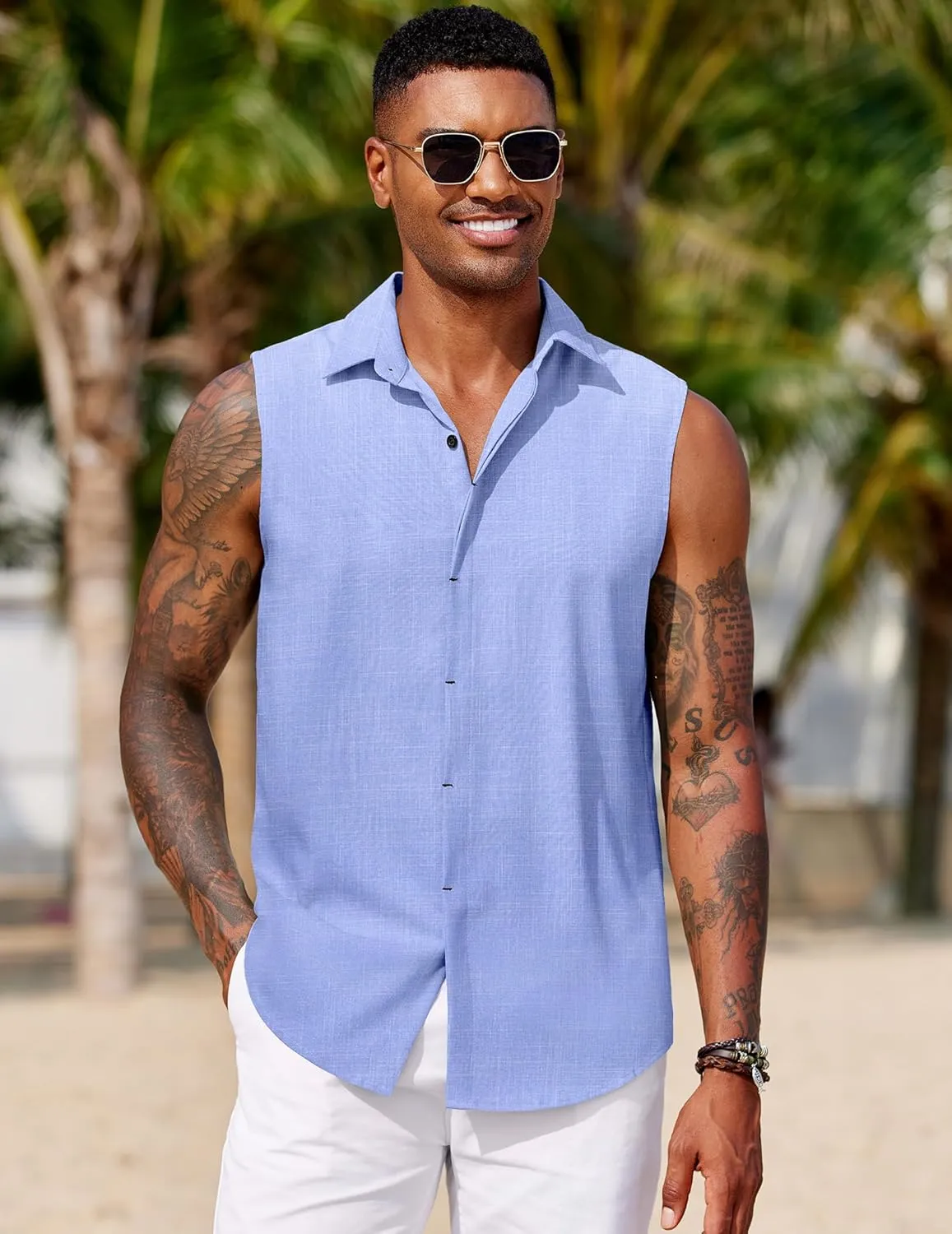 COOFANDY Mens Sleeveless Button Down Beach Shirts Casual Summer Tank Tops Collared Imitation Linen Tank Shirt