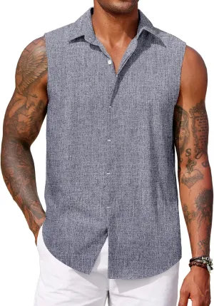 COOFANDY Mens Sleeveless Button Down Beach Shirts Casual Summer Tank Tops Collared Imitation Linen Tank Shirt