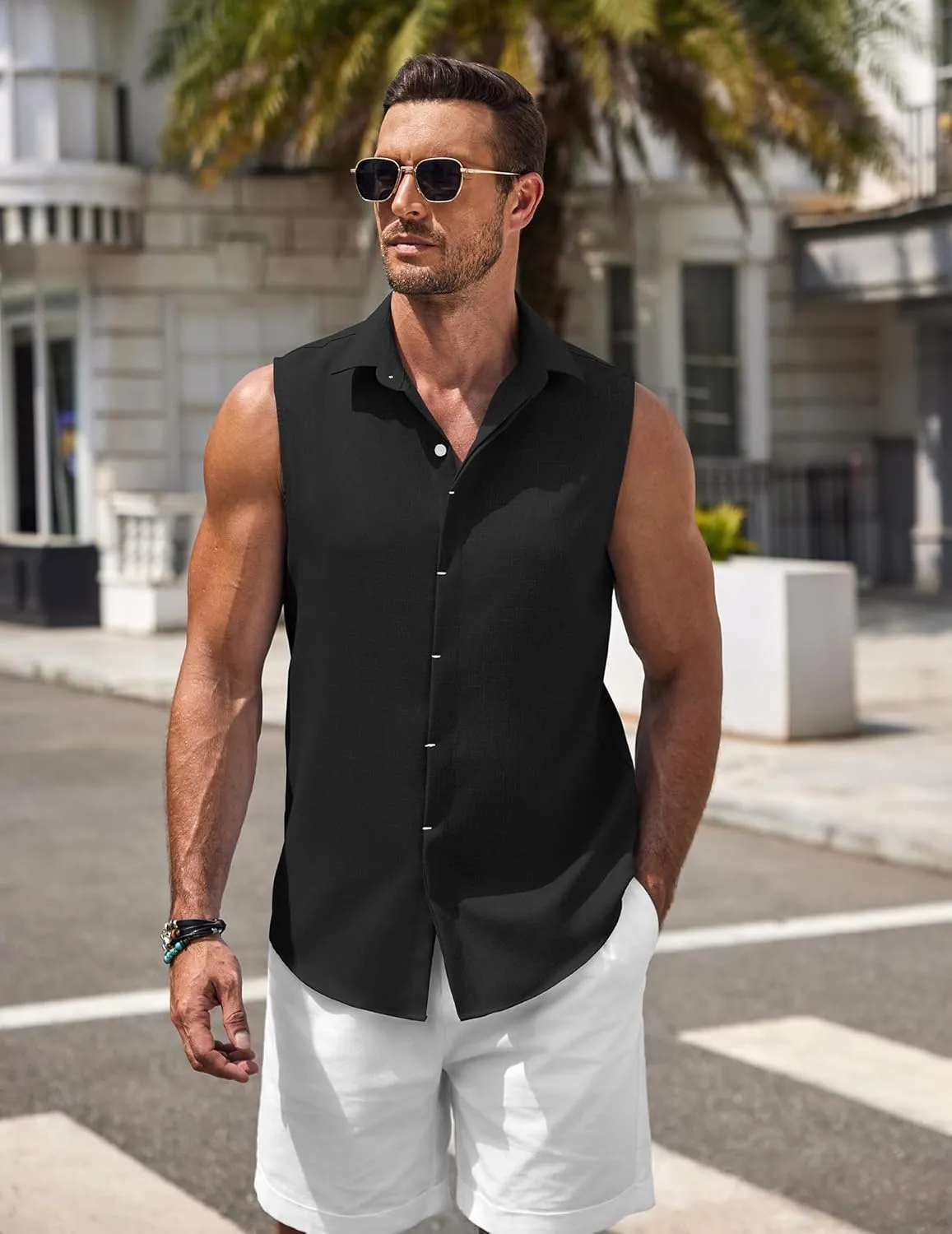 COOFANDY Mens Sleeveless Button Down Beach Shirts Casual Summer Tank Tops Collared Imitation Linen Tank Shirt