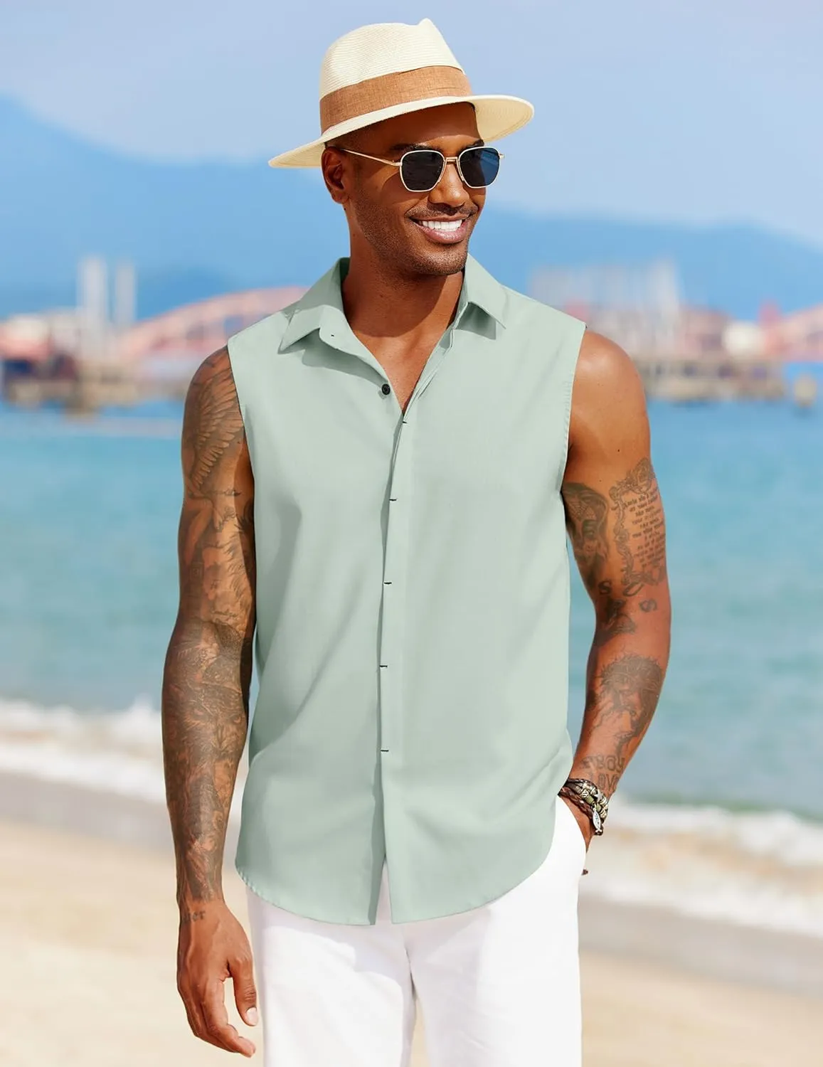 COOFANDY Mens Sleeveless Button Down Beach Shirts Casual Summer Tank Tops Collared Imitation Linen Tank Shirt