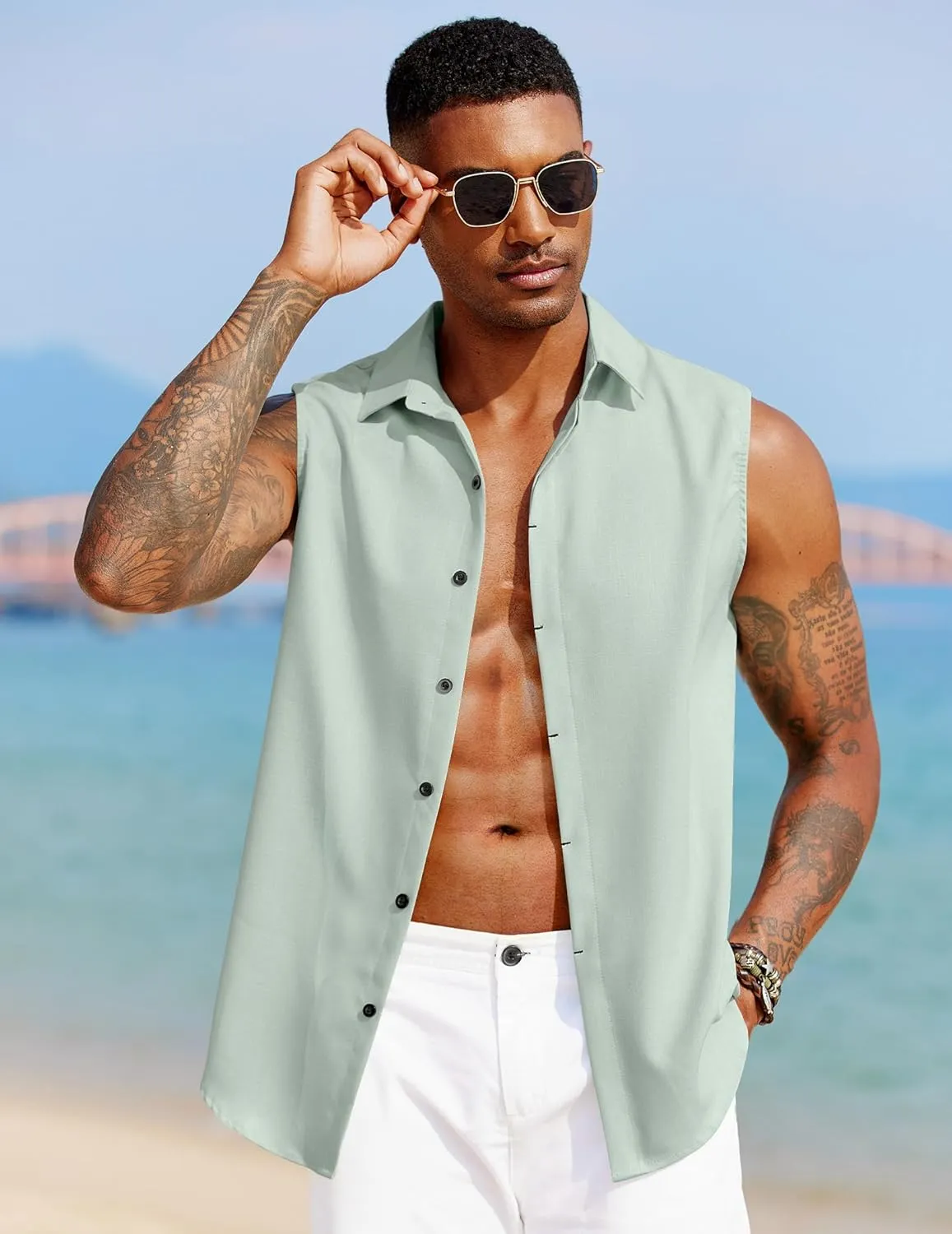 COOFANDY Mens Sleeveless Button Down Beach Shirts Casual Summer Tank Tops Collared Imitation Linen Tank Shirt