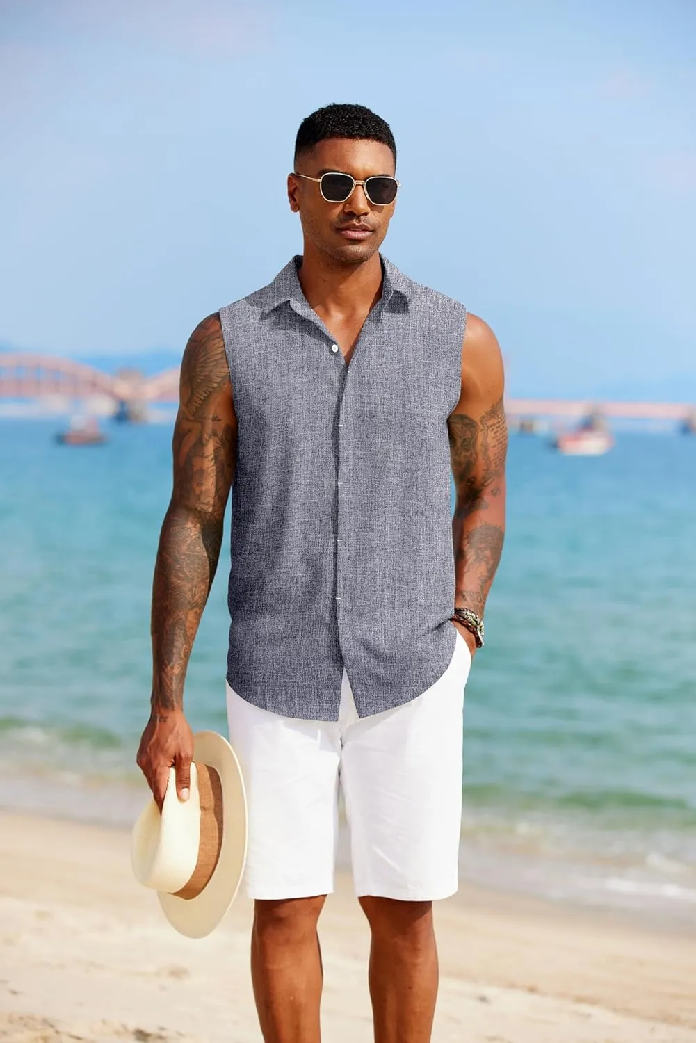 COOFANDY Mens Sleeveless Button Down Beach Shirts Casual Summer Tank Tops Collared Imitation Linen Tank Shirt