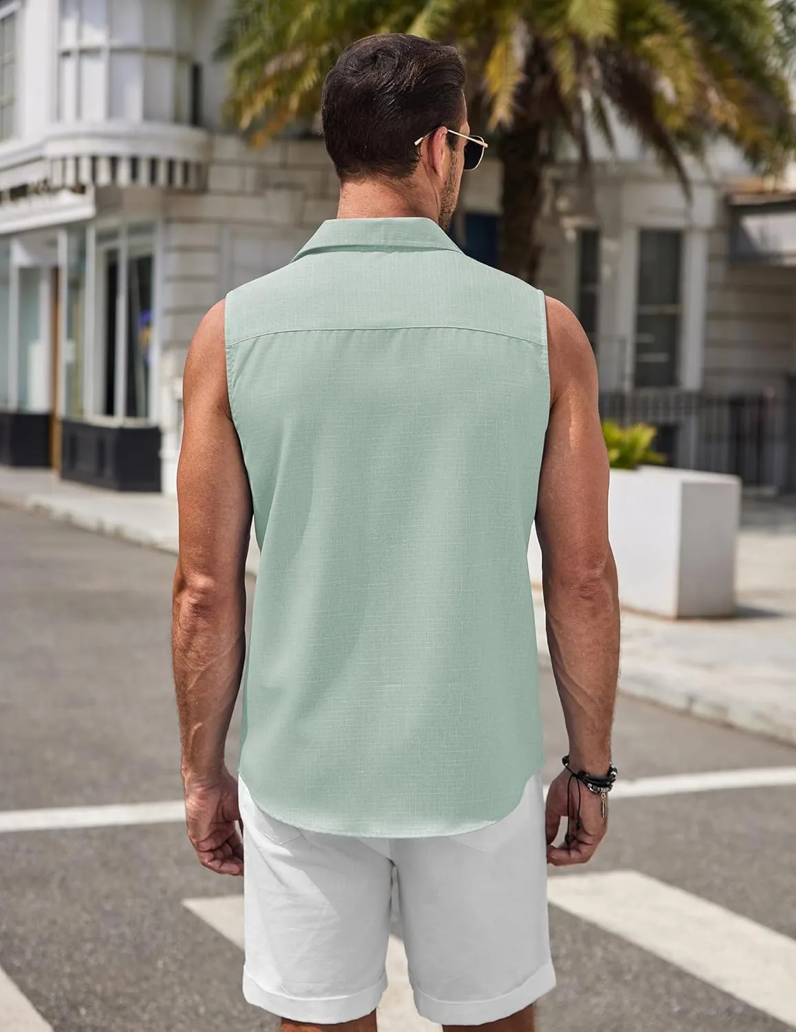 COOFANDY Mens Sleeveless Button Down Beach Shirts Casual Summer Tank Tops Collared Imitation Linen Tank Shirt