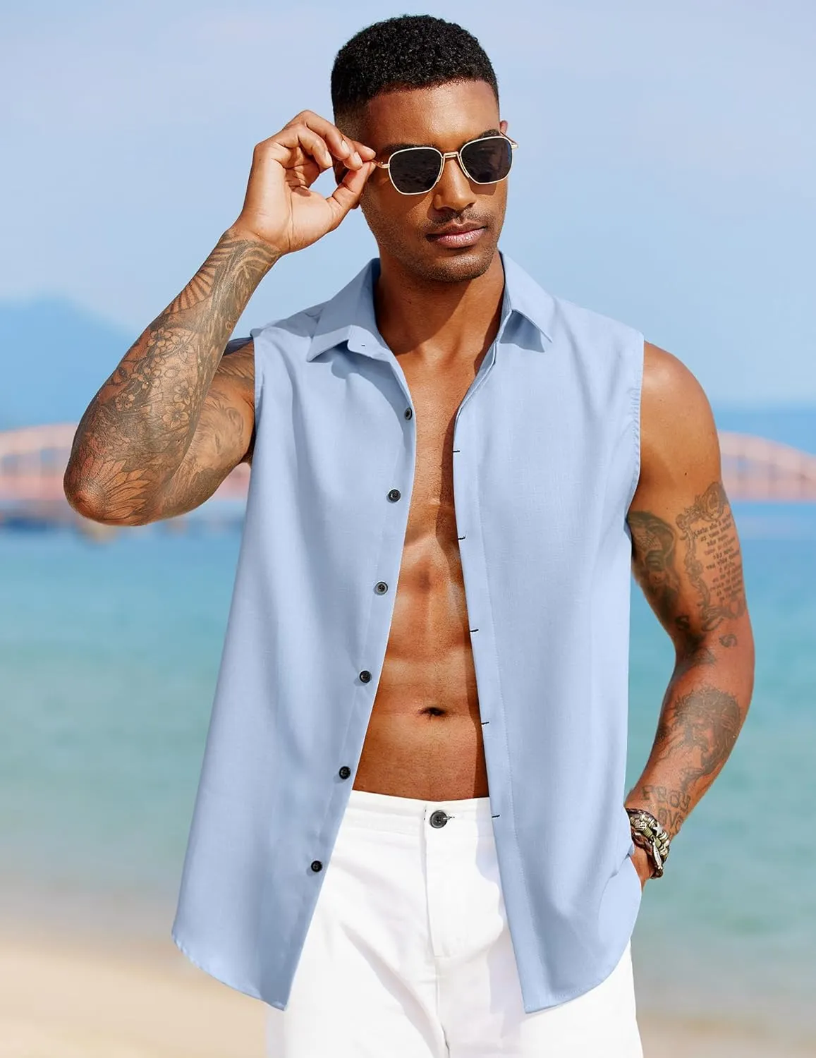 COOFANDY Mens Sleeveless Button Down Beach Shirts Casual Summer Tank Tops Collared Imitation Linen Tank Shirt