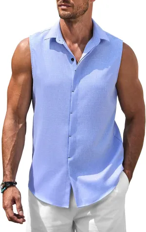 COOFANDY Mens Sleeveless Button Down Beach Shirts Casual Summer Tank Tops Collared Imitation Linen Tank Shirt