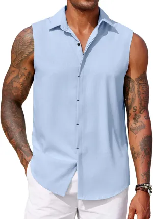COOFANDY Mens Sleeveless Button Down Beach Shirts Casual Summer Tank Tops Collared Imitation Linen Tank Shirt