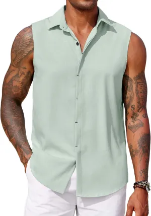 COOFANDY Mens Sleeveless Button Down Beach Shirts Casual Summer Tank Tops Collared Imitation Linen Tank Shirt