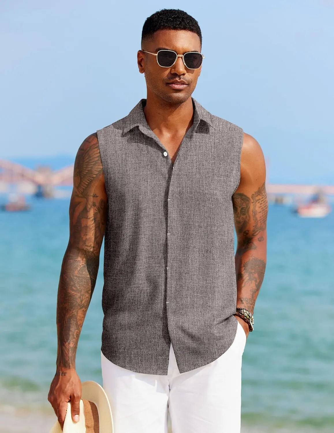 COOFANDY Mens Sleeveless Button Down Beach Shirts Casual Summer Tank Tops Collared Imitation Linen Tank Shirt