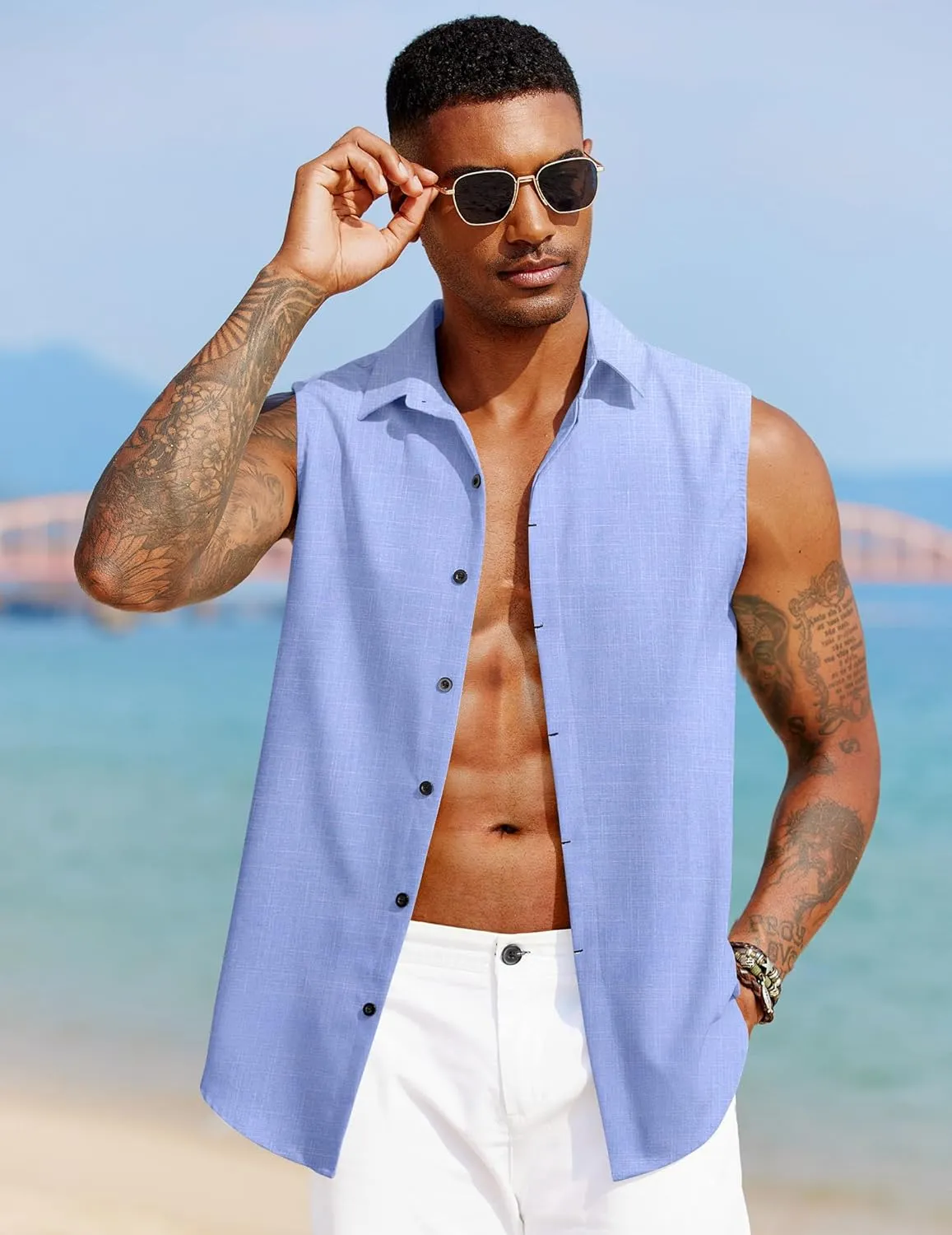 COOFANDY Mens Sleeveless Button Down Beach Shirts Casual Summer Tank Tops Collared Imitation Linen Tank Shirt