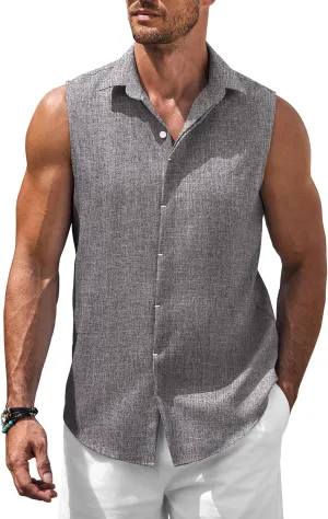 COOFANDY Mens Sleeveless Button Down Beach Shirts Casual Summer Tank Tops Collared Imitation Linen Tank Shirt