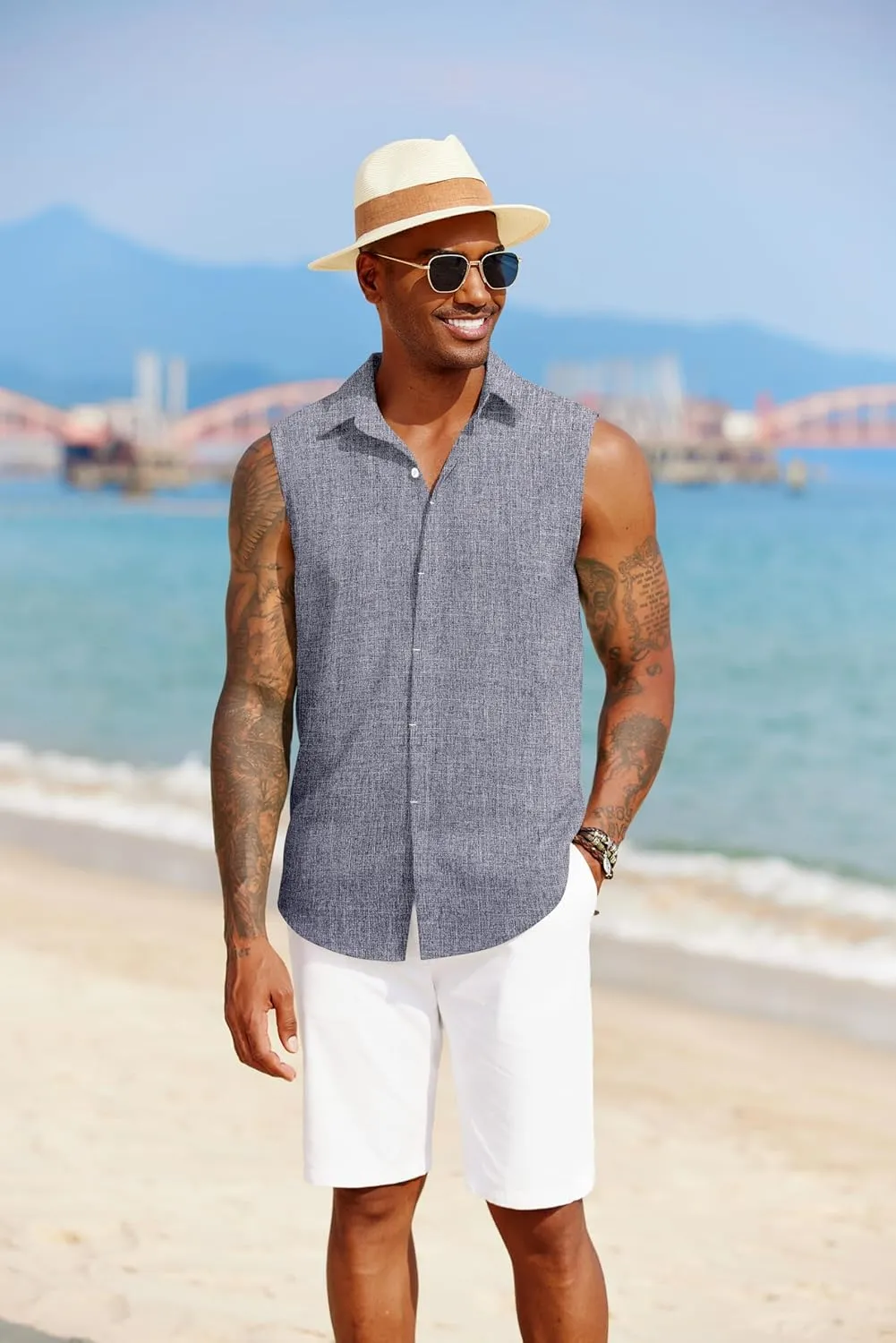 COOFANDY Mens Sleeveless Button Down Beach Shirts Casual Summer Tank Tops Collared Imitation Linen Tank Shirt