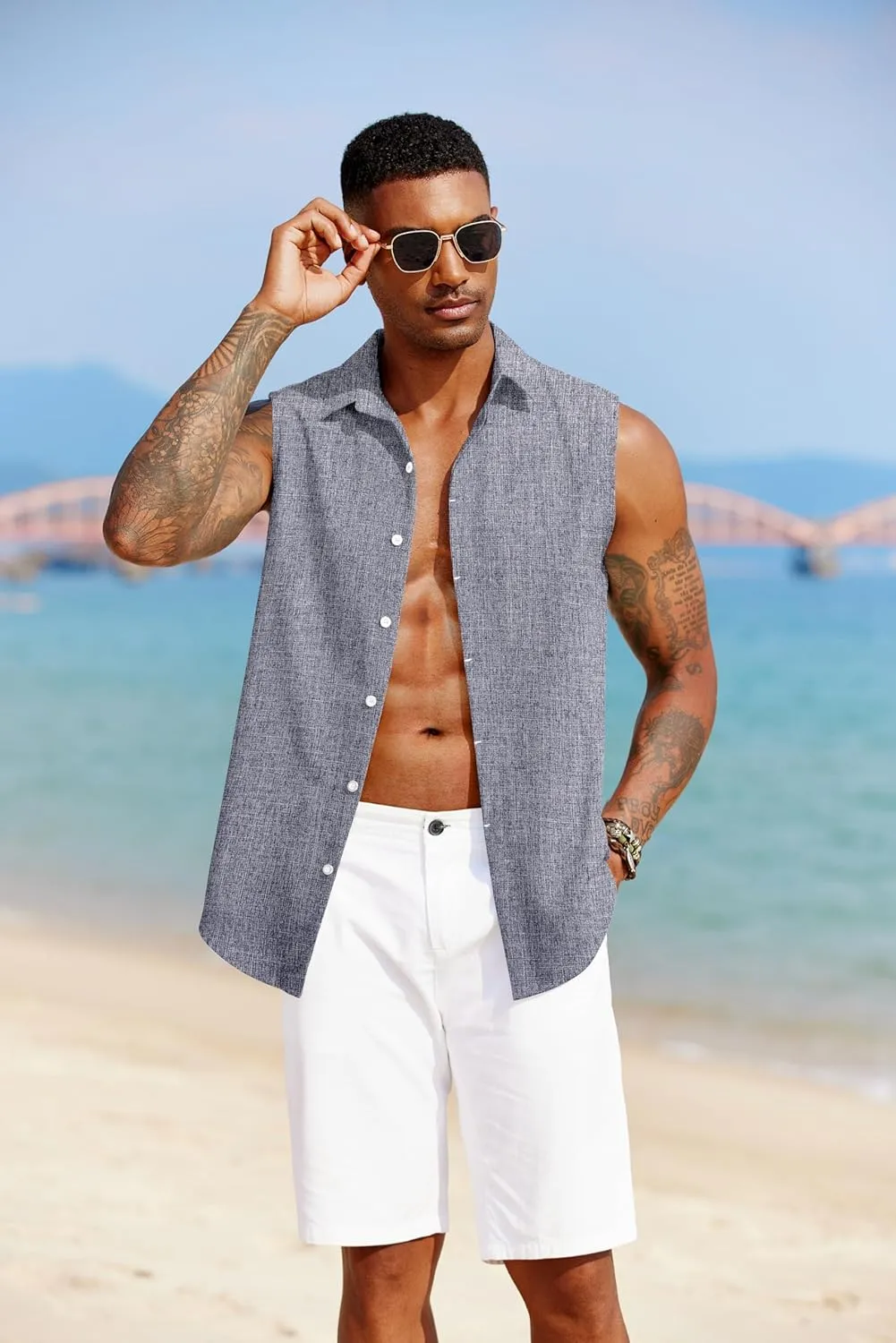 COOFANDY Mens Sleeveless Button Down Beach Shirts Casual Summer Tank Tops Collared Imitation Linen Tank Shirt