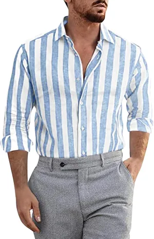Cotton Linen Shirts for Men Casual Summer Stylish Long Sleeve Button Down Striped Beach Shirts Lightweight Work Shirt