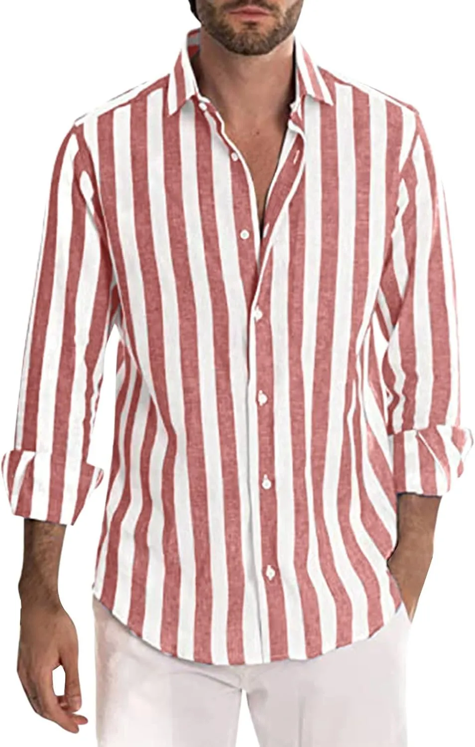 Cotton Linen Shirts for Men Casual Summer Stylish Long Sleeve Button Down Striped Beach Shirts Lightweight Work Shirt