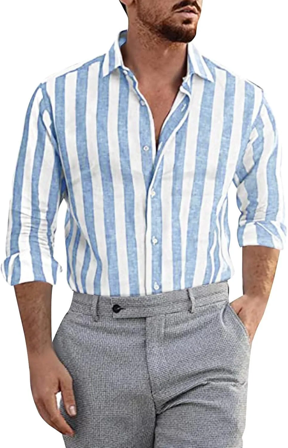 Cotton Linen Shirts for Men Casual Summer Stylish Long Sleeve Button Down Striped Beach Shirts Lightweight Work Shirt