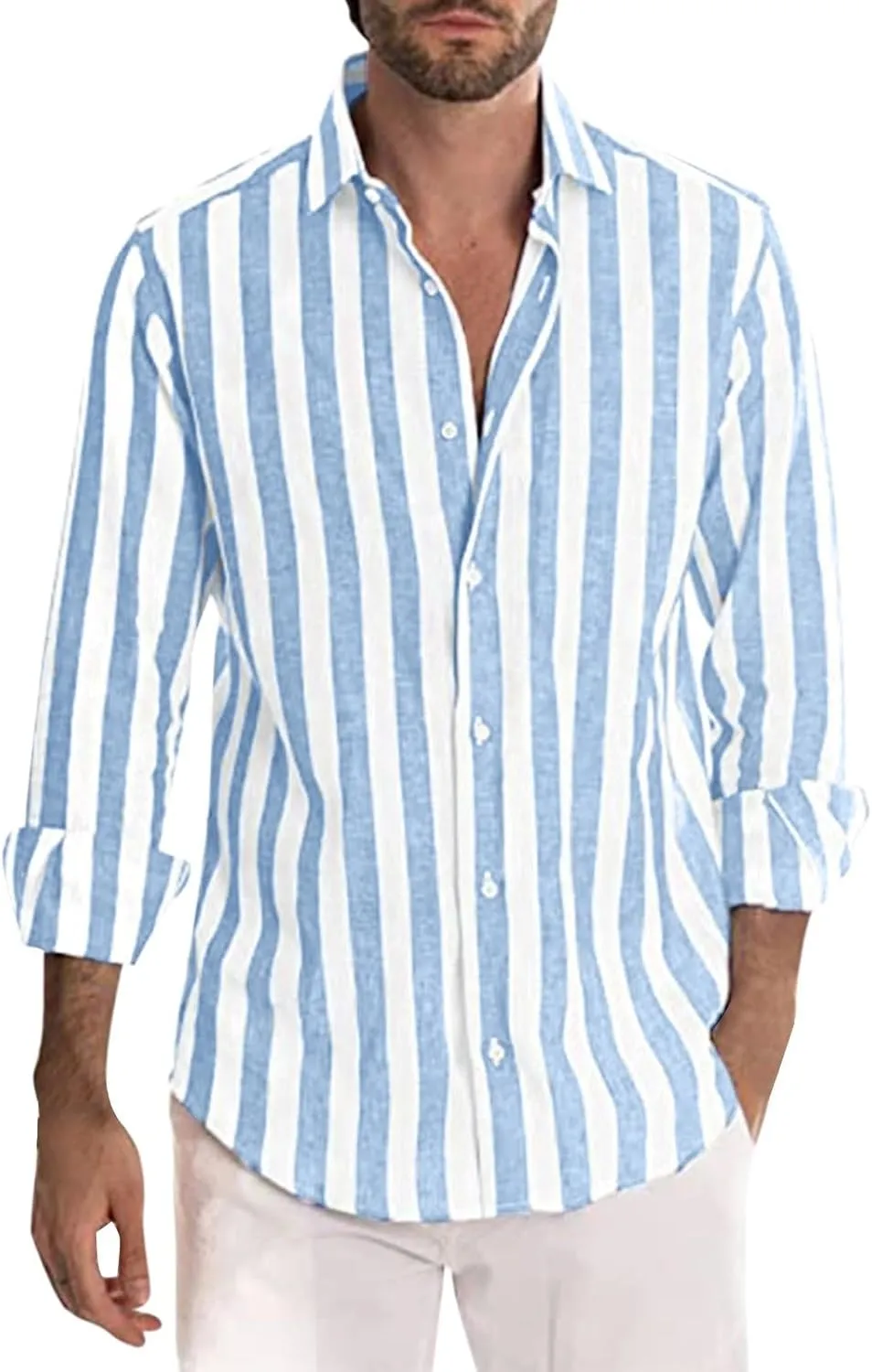 Cotton Linen Shirts for Men Casual Summer Stylish Long Sleeve Button Down Striped Beach Shirts Lightweight Work Shirt