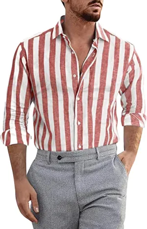 Cotton Linen Shirts for Men Casual Summer Stylish Long Sleeve Button Down Striped Beach Shirts Lightweight Work Shirt