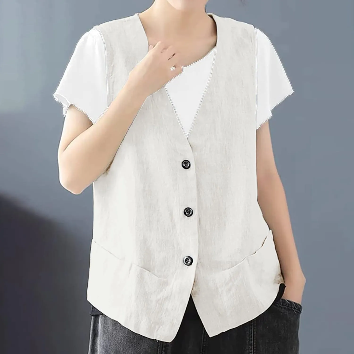 Cotton Linen Vests for Women 2023 Fashion Sleeveless Button Down Blazer Jacket Summer Casual Loose Vest Outerwear