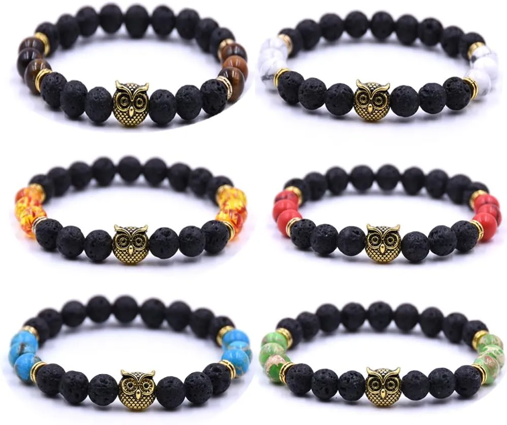 Couple Bracelets Owl Charm Beaded Bracelets Set Womens Healing Energy Lucky Stone Bracelets