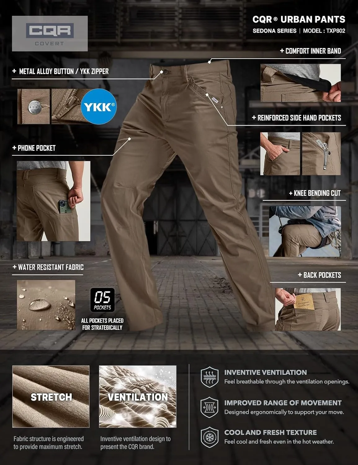 CQR Men's Vent Stretch Pants, Quick Dry Lightweight Casual Cargo Pants, Water Resistant Straight-Fit Utility Work Pants